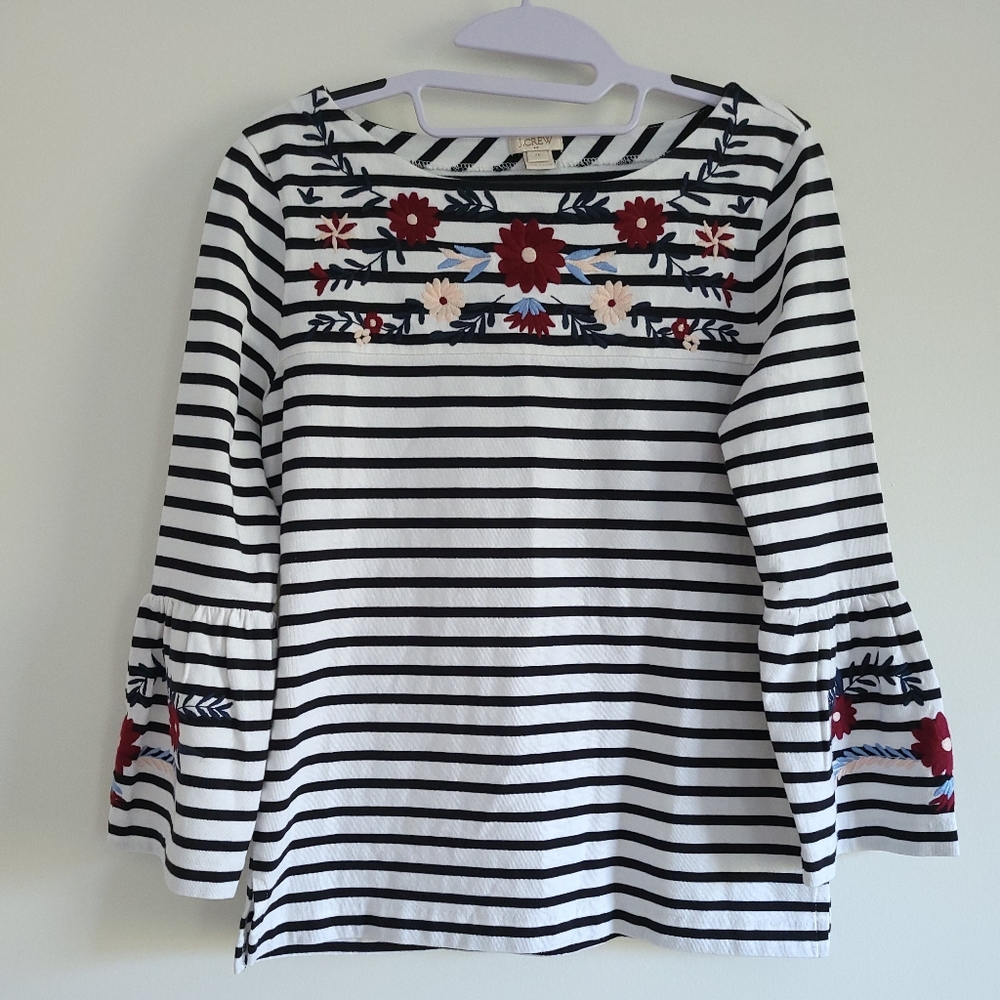 J.Crew Factory Floral Embroidered Stripe Boat Neck Bell Sleeve Top Tee S…